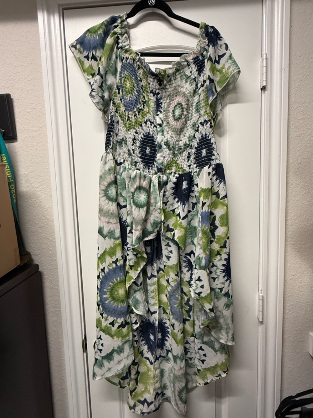 Boho Smocked Tie Dye Peplum Top 1X Green Blue Flutter Sleeve Flowy
